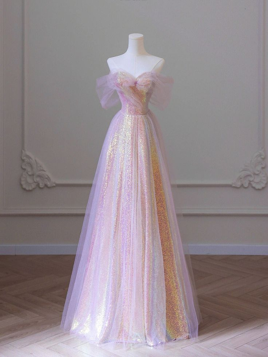 Robe de soirée longue rose à épaules dénudées et paillettes, coupe trapèze, MD7369