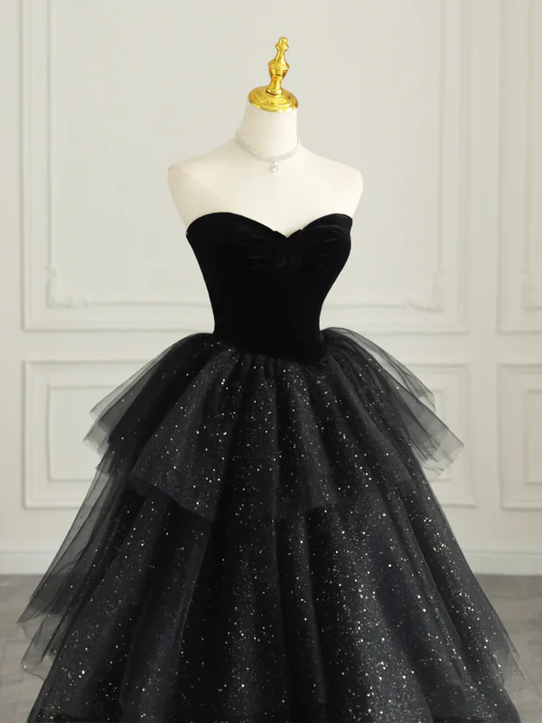 Black Sweetheart A-Line Tulle Tiered Long Formal Evening Ball Gown MD7527