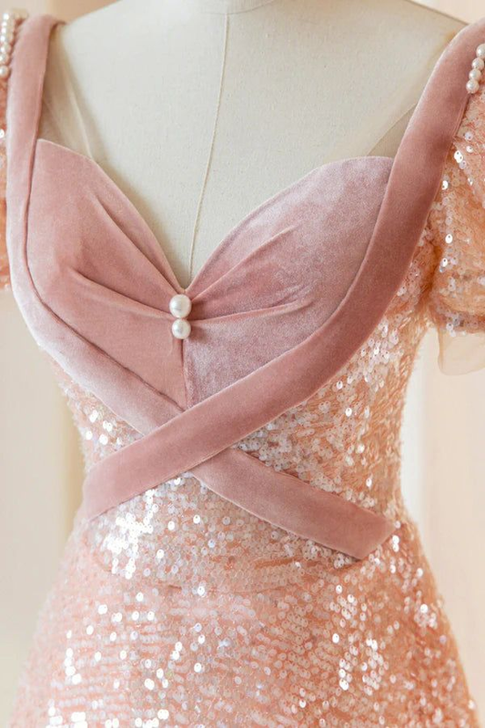 Robe de soirée longue rose à paillettes, coupe trapèze, en velours, pour anniversaire, MD7330