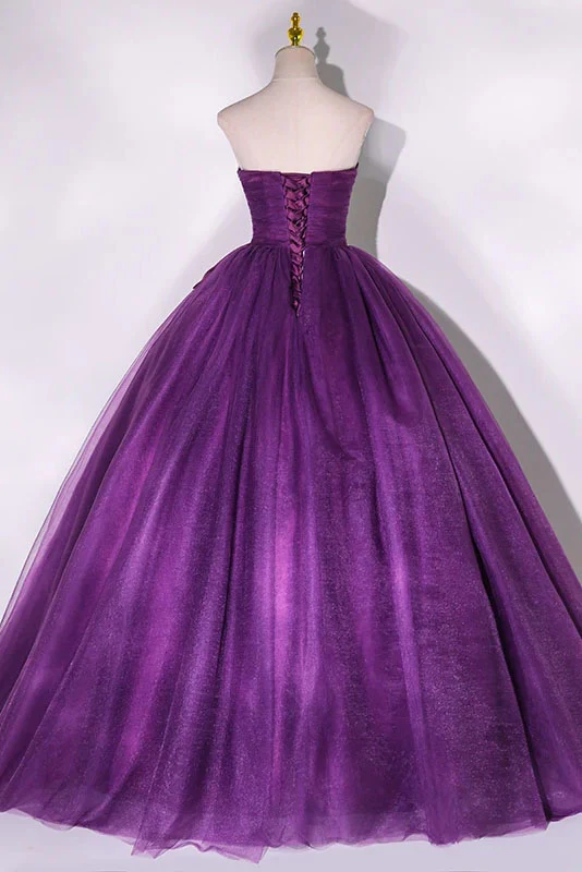 Purple Strapless A-Line Tulle Ball Gown Bowknot Formal Prom Dress MD7217
