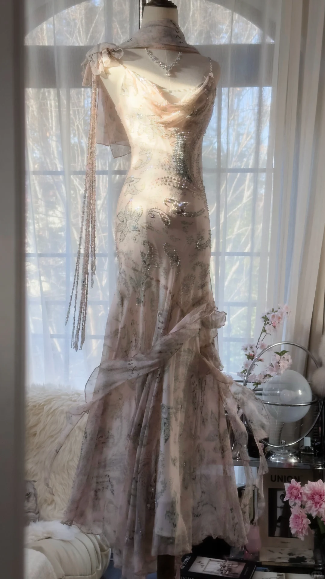 Light Pink Straps Mermaid Beaded Long Evening Dresses Birthday Outfits, D1072