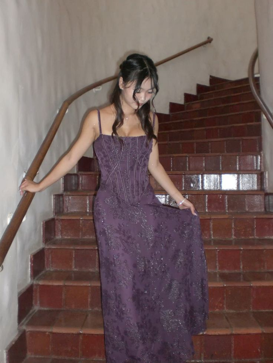 Dunkelviolettes A-Linien-Abendkleid mit Spaghettiträgern, lang, formelles Ballkleid, D931