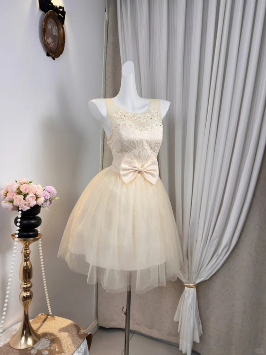 New Homecoming Dress Sheer Sharp Tulle Bowknot Rinestone Back to School Outfits Party Dress D6912