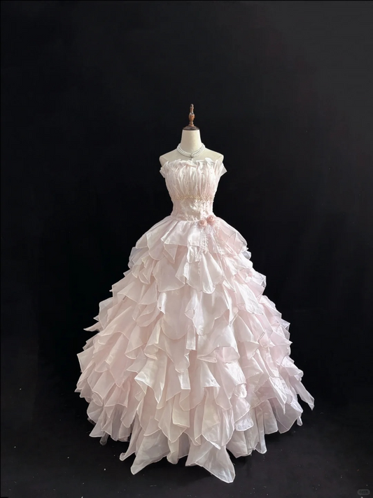 Hellrosa trägerloses A-Linien-Abendballkleid mit Rüschen, Sweet 16-Geburtstagskleid, D1156