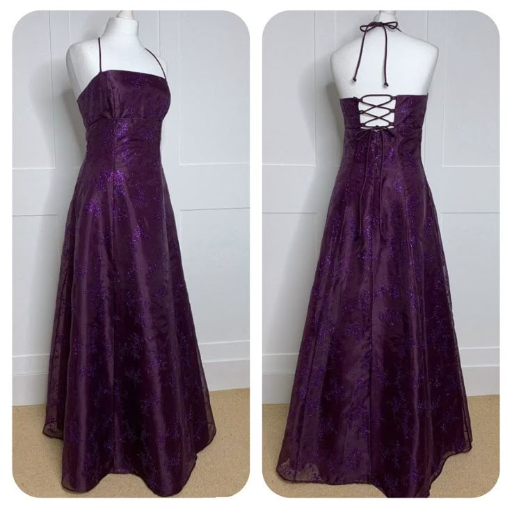 Robe de bal longue violette foncée à col licou, coupe trapèze, style vintage, D900