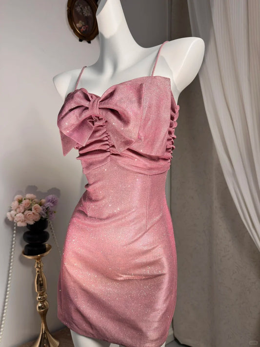 New Homecoming Dress Spaghetti Strap Bowknot Sequins Pleated Back to School Outfits Party Dress D6902