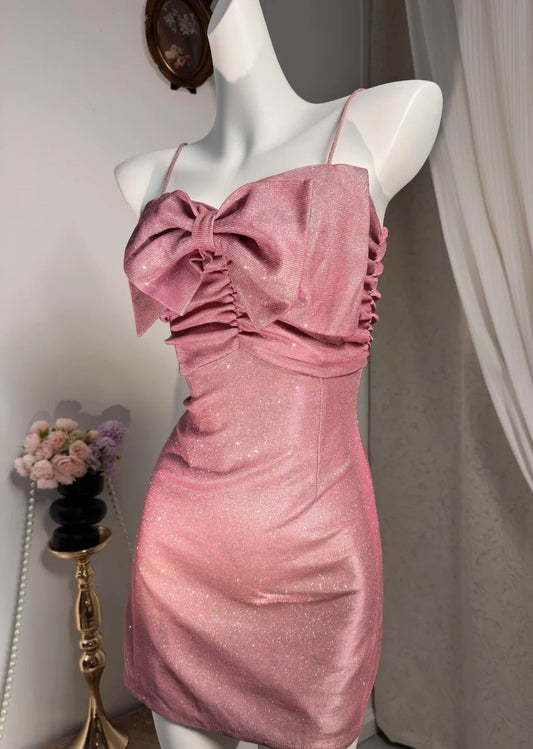 New Homecoming Dress Spaghetti Strap Bowknot Sequins Pleated Back to School Outfits Party Dress D6902