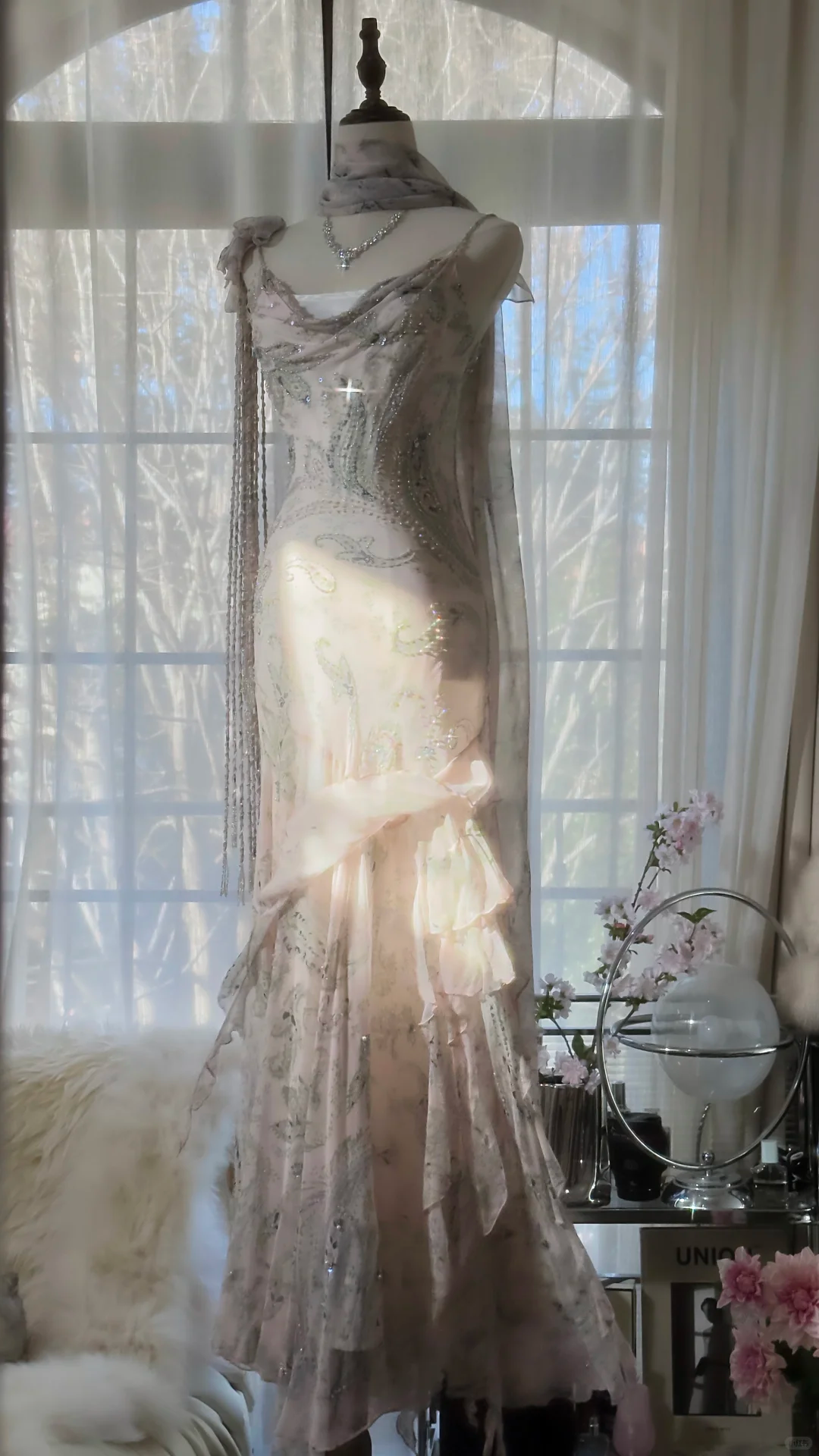 Light Pink Straps Mermaid Beaded Long Evening Dresses Birthday Outfits, D1072
