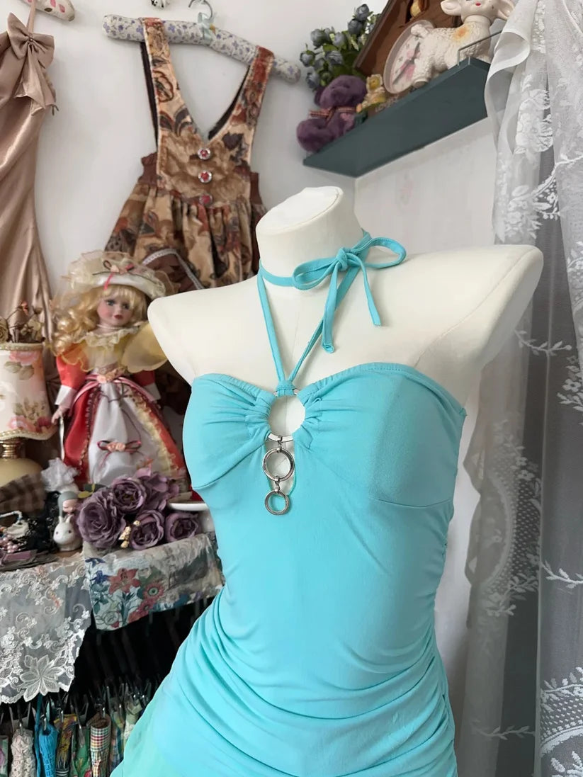 Retro Blue Sweetheart Ruffle Design A-line Chiffon Party Dress Homecoming Dress D1575