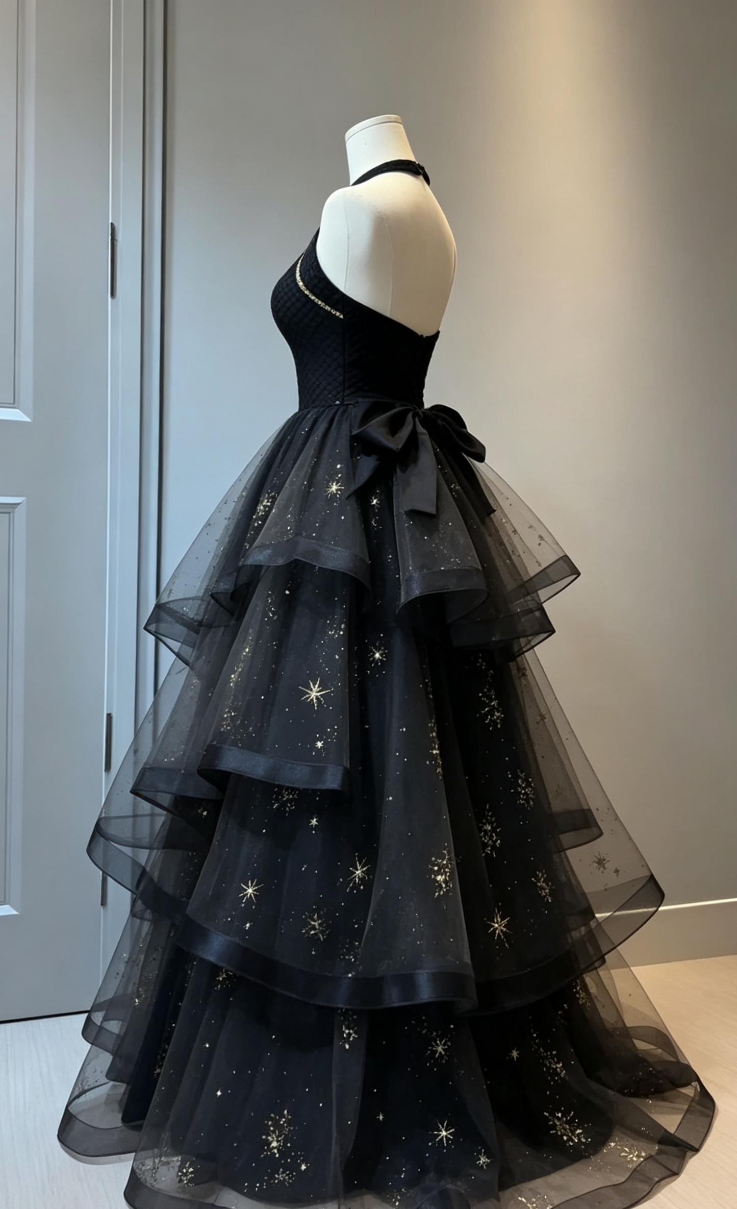 Black Halter A-Line Tulle Long Formal Prom Dress Evening Gown, D61
