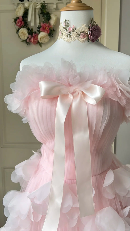 Sweet Homecoming Dress Strapless Tulle Flower Bowknot Back to School Outfits Party Dress D6460