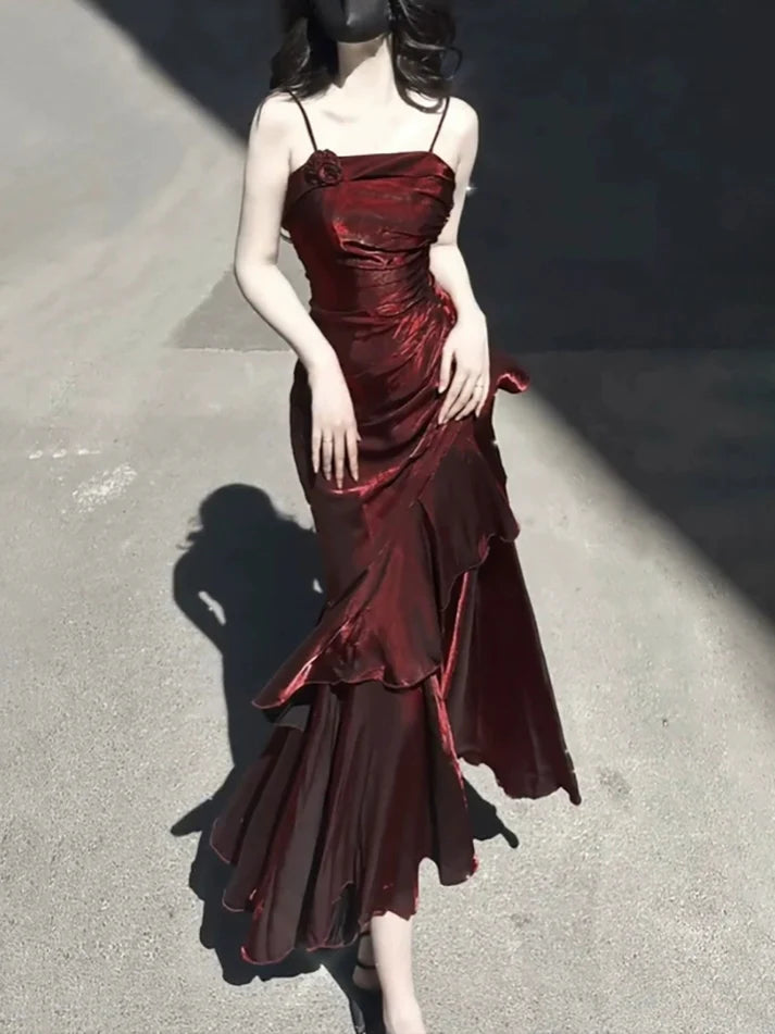 Vintage Burgundy Spaghetti Strap Ruffle Design Elegant A-line Evening Dress Prom Dress D1600
