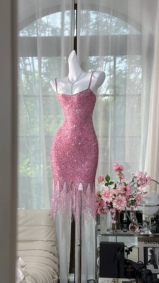 Vintage Pink Sparkling Sequin Spaghetti Strap Tassels Hem Romantic Evening Dress Prom Dresses D1606