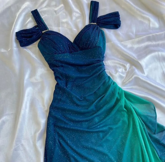 Shiny Blue Spaghetti Straps Ruffles Vintage Long Party Dress MD7390