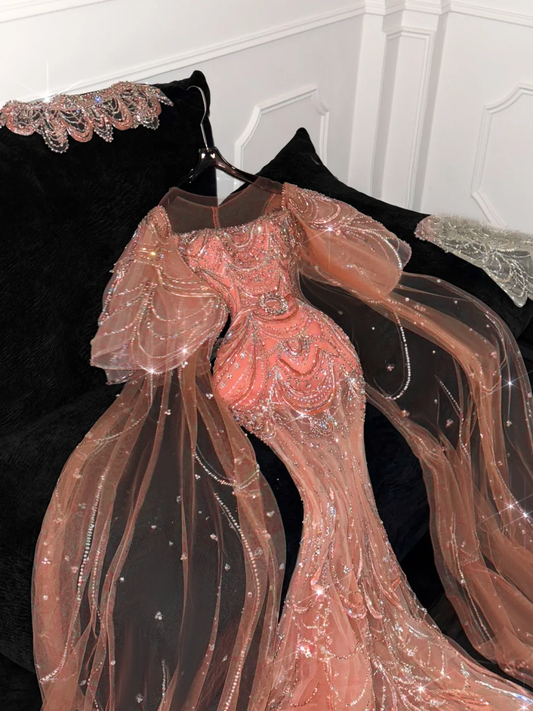 Gorgeous Shiny Orange Beaded Sequined Design Mermaid Prom Dress Evening Dress D1691