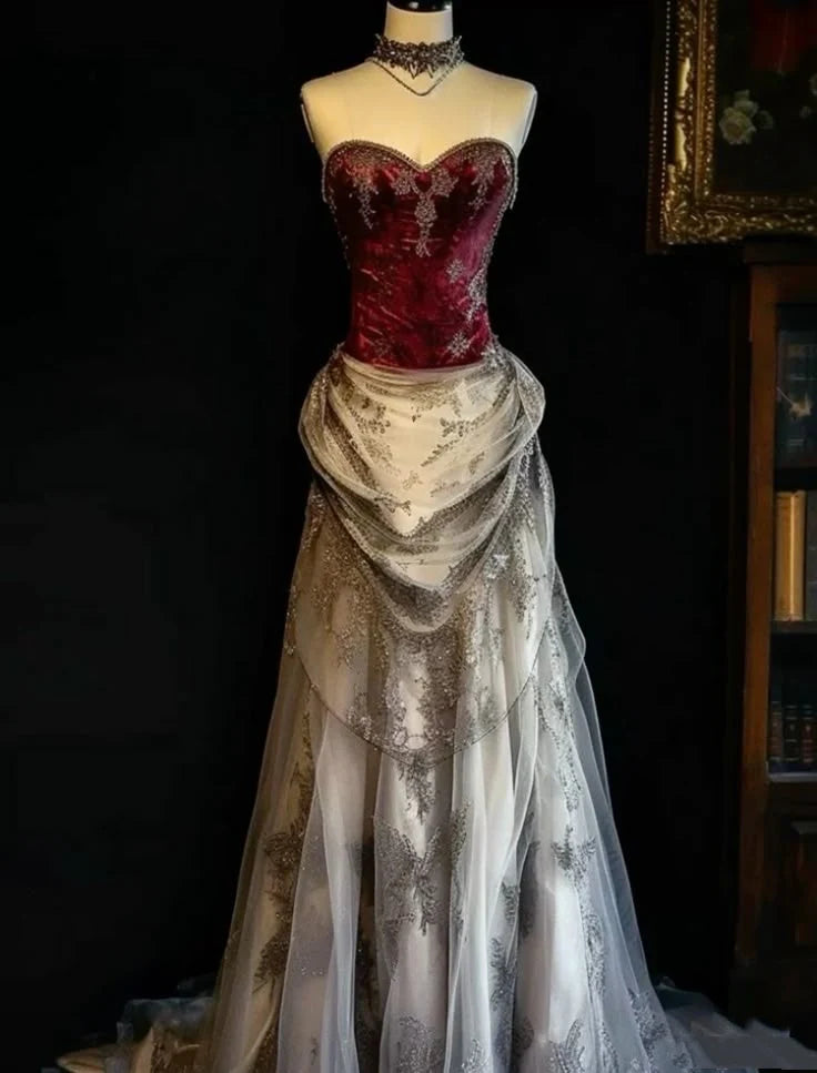 Vintage Applique Sweetheart Design Elegant A-Line Satin Tulle Evening Dress Prom Dress D1604