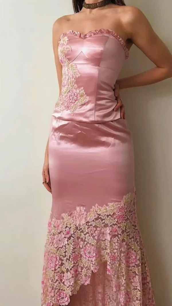 Lovely Pink Two Pieces Strapless Sheath Satin Long Party Dress Birthday Outfits, D918
