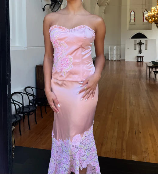 Lovely Pink Two Pieces Strapless Sheath Satin Long Party Dress Birthday Outfits, D918