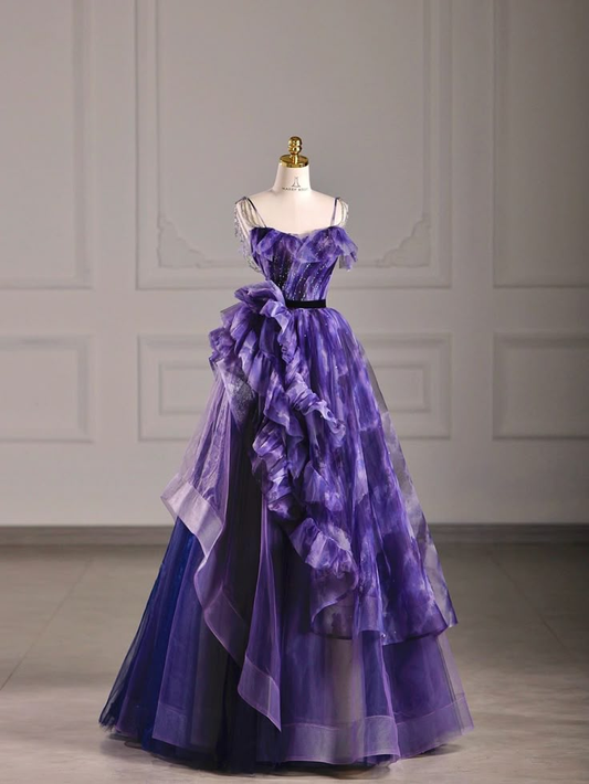 Elegantes, violettes A-Linien-Chiffon-Abendkleid mit Trägern, lang, formelles Ballkleid, D766