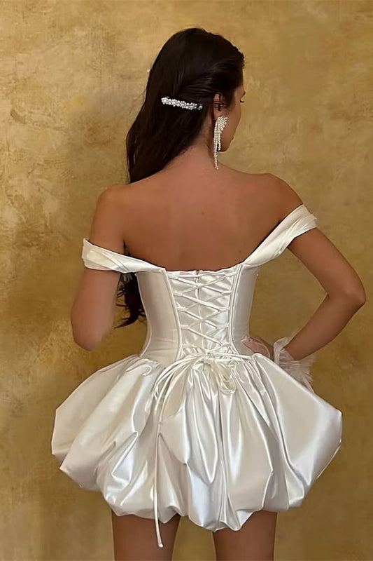 Unique Homecoming Dress Off the Shoulder Pleated Back to School Outfits Party Dress Wedding Dress D7750