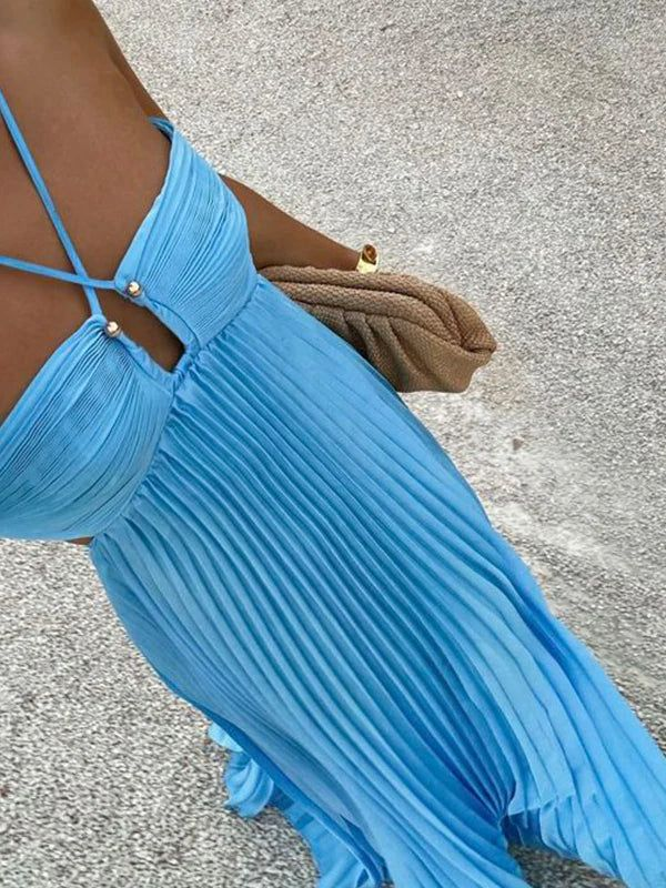 Blue Halter A-Line Open Back Pleated Satin Long Party Dress MD7318