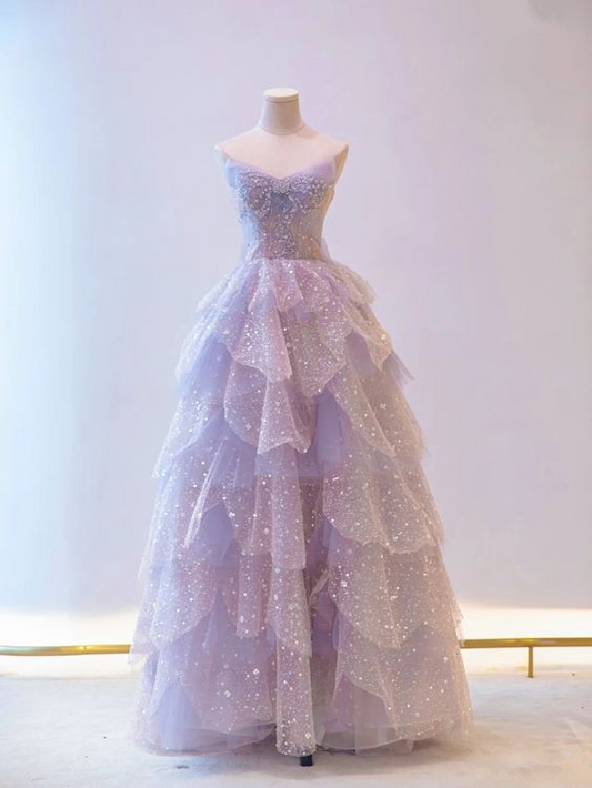 Robe de soirée longue en tulle brillant, bustier, coupe trapèze, lilas, MD7442