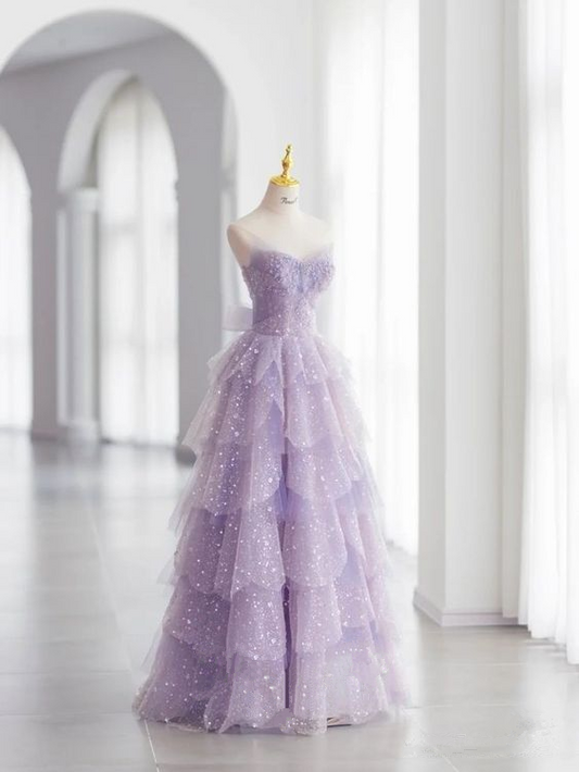 Robe de soirée longue en tulle brillant, bustier, coupe trapèze, lilas, MD7442