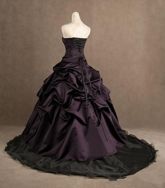 Dunkelviolettes trägerloses A-Linien-Partykleid aus Satin mit Perlenbesatz im Vintage-Stil, D959