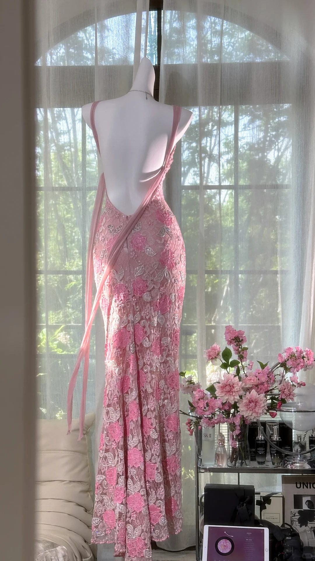 Vintage Gorgeous Pink Floral V-neck Applique Elegant Chiffon Long Evening Dress Prom Dresses D1607