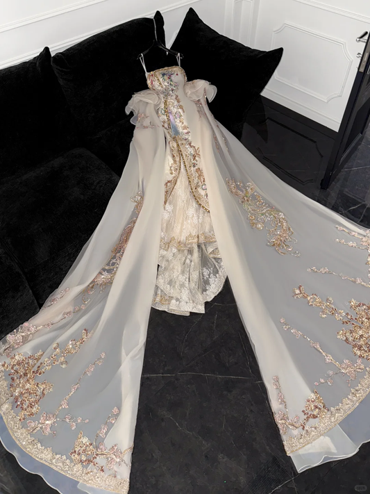 Funkelndes beiges Perlen-Pailletten-Design, elegantes Meerjungfrau-Abschlussballkleid, Abendkleid D1695