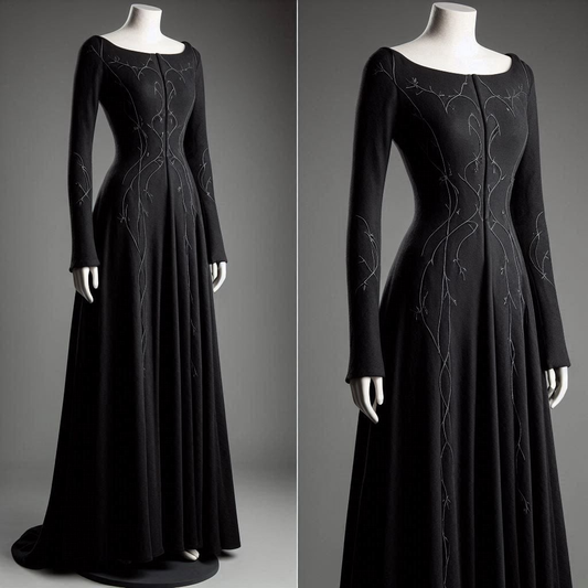Schlichtes, langärmliges, schwarzes, elegantes A-Linien-Kleid für formelle Abendveranstaltungen, D960