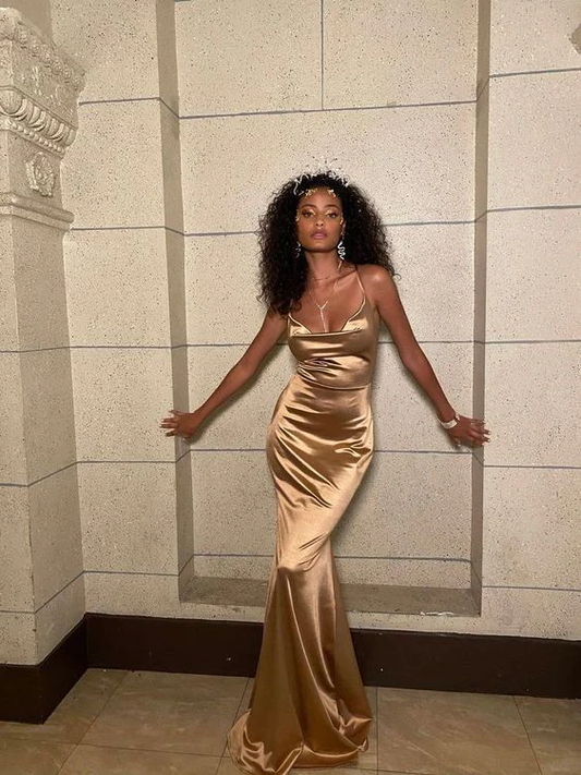 Robe de soirée longue sirène en satin doré à bretelles spaghetti MD7353