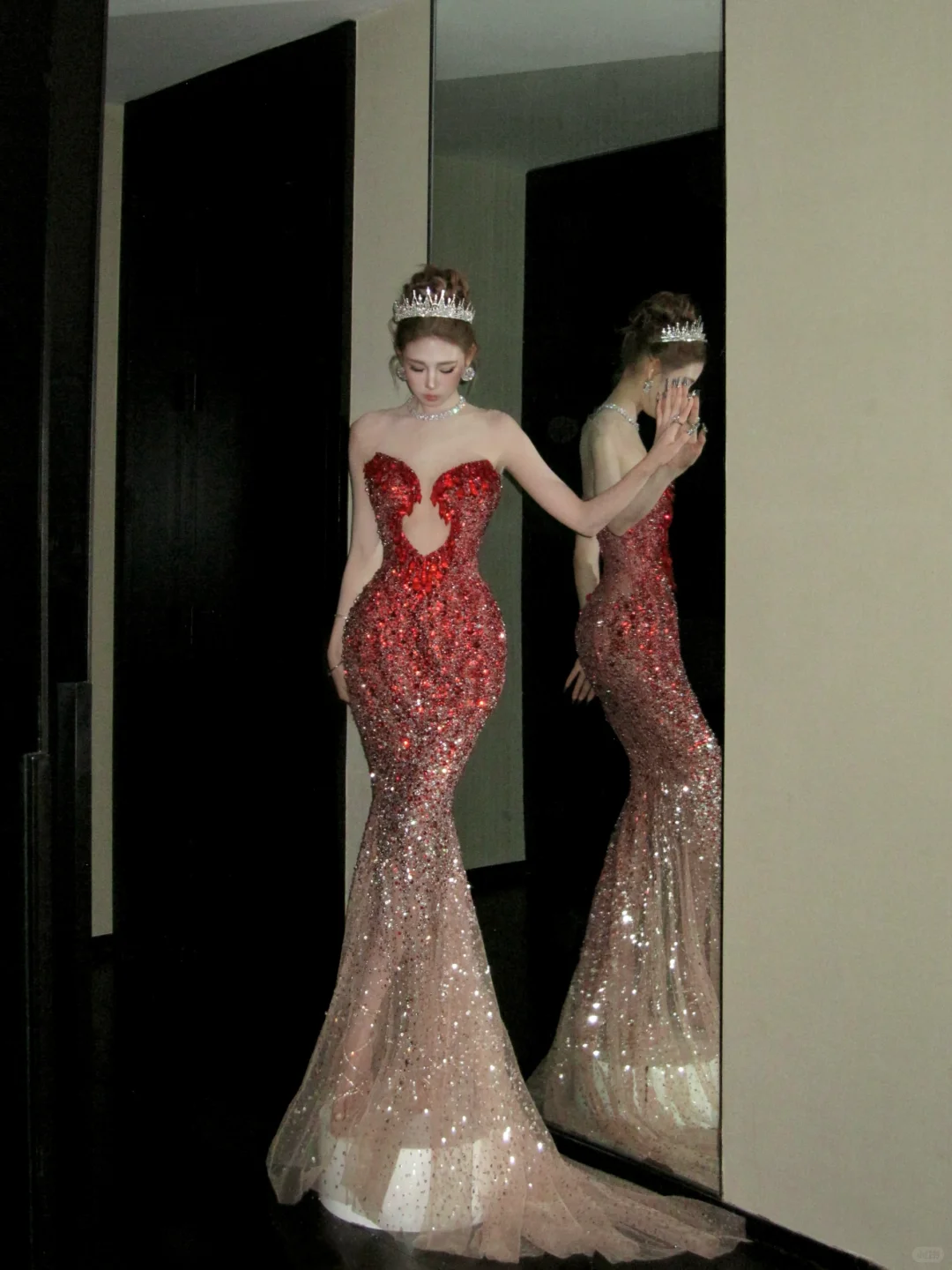 Vintage Gradient Red Sweetheart Strapless Mermaid Design Sexy Prom Dress Evening Dress D1719