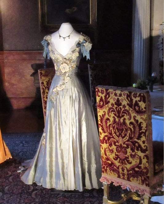 Robe de soirée longue bleu clair à col en V et manches courtes, coupe trapèze, style vintage, D1051