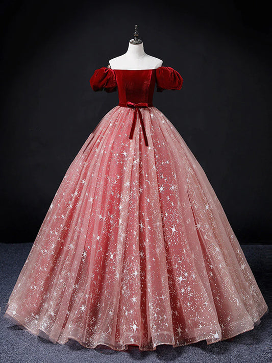 Robe de bal longue en tulle et velours bordeaux/rose, robe de soirée bordeaux MD7168