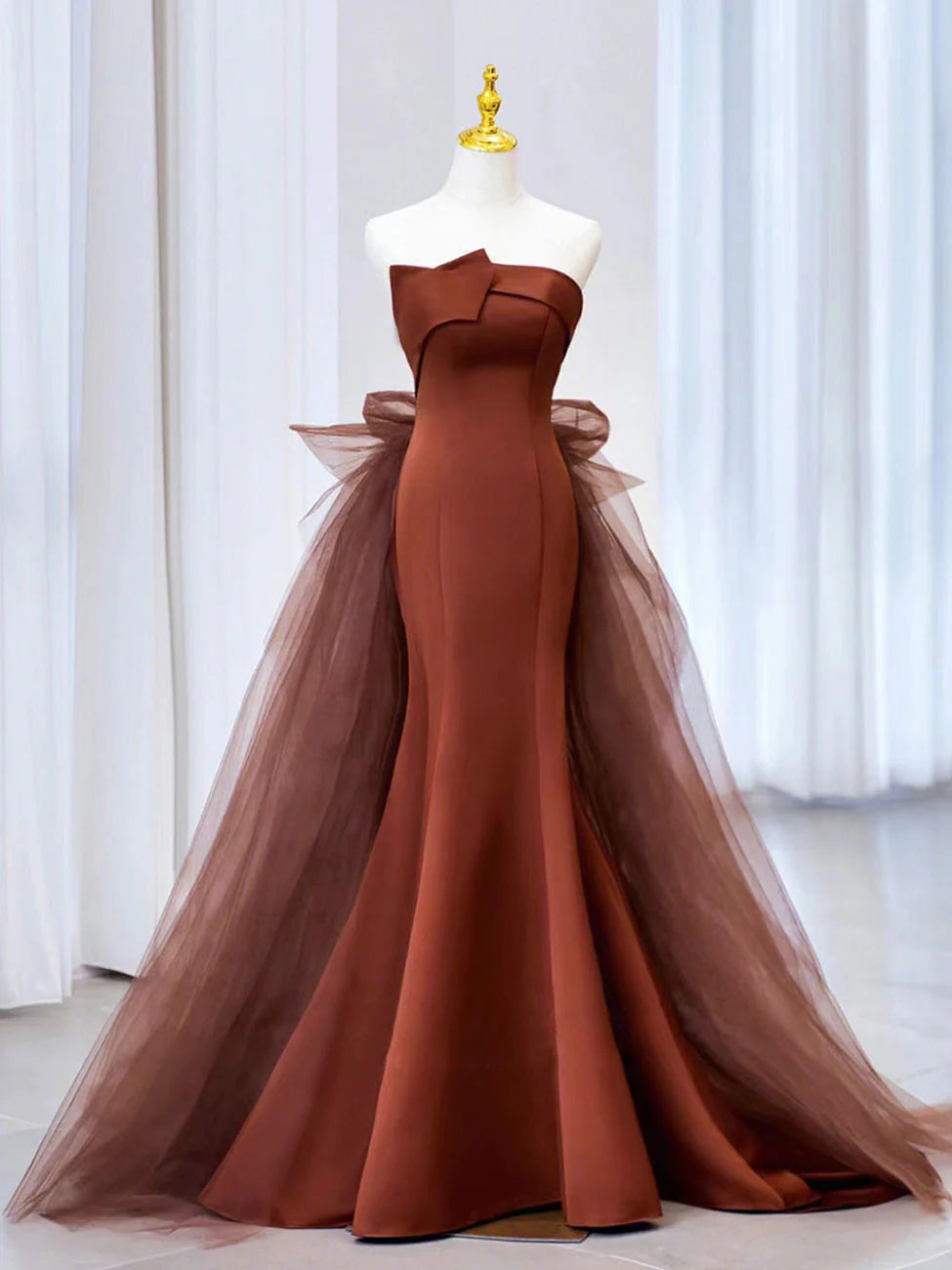 Brown Mermaid Satin Tulle Long Prom Dress, Brown Long Evening Dress MD7164
