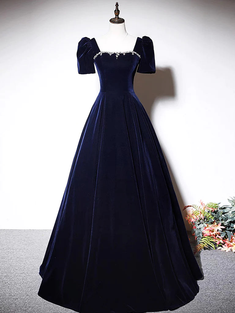 A-Line Dark Blue Velvet Long Prom Dress, Blue Formal Evening Dress MD7
