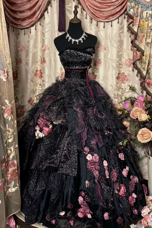 Retro Schwarzes trägerloses A-Linie Chiffon Rüschen Gothic Abendballkleid, D1192