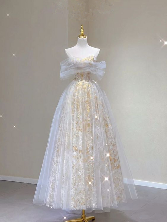 Jolie robe de soirée longue en tulle et dentelle, coupe trapèze, décolleté en cœur, MD7444