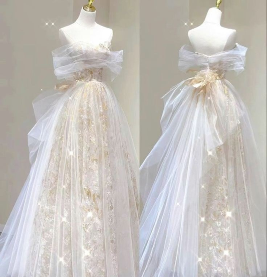 Jolie robe de soirée longue en tulle et dentelle, coupe trapèze, décolleté en cœur, MD7444