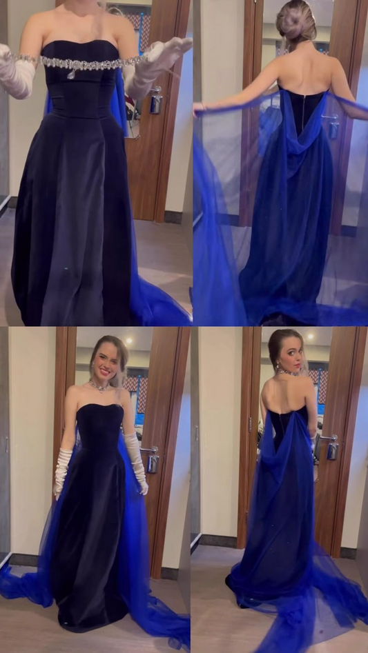 Marineblaues trägerloses A-Linien-Satin-Abendkleid, langes Partykleid, Geburtstagsoutfits, D961