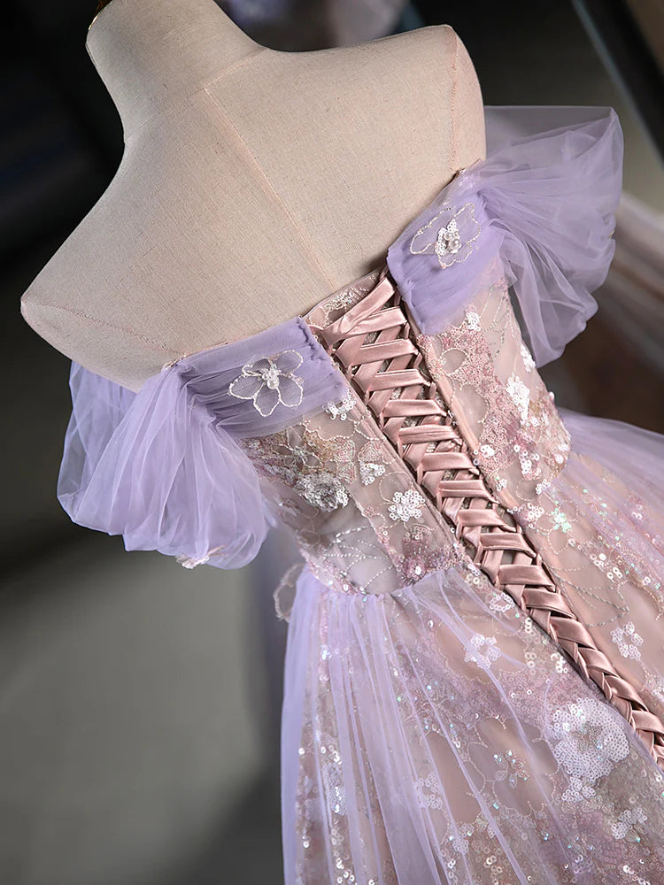 Vintage Light Purple Applique Floral Beaded Off-the-shoulder Design A-line Tulle Party Dress Homecoming Dress D1542