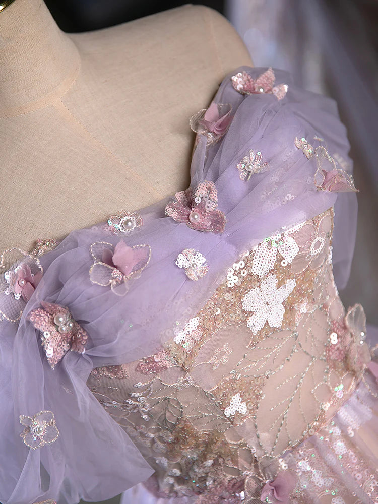Vintage Light Purple Applique Floral Beaded Off-the-shoulder Design A-line Tulle Party Dress Homecoming Dress D1542