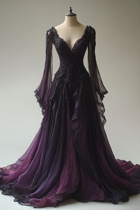 Dunkelviolettes A-Linien-Chiffon-Kleid mit langen Ärmeln im Vintage-Stil, langes Partykleid, Abendkleid, D963