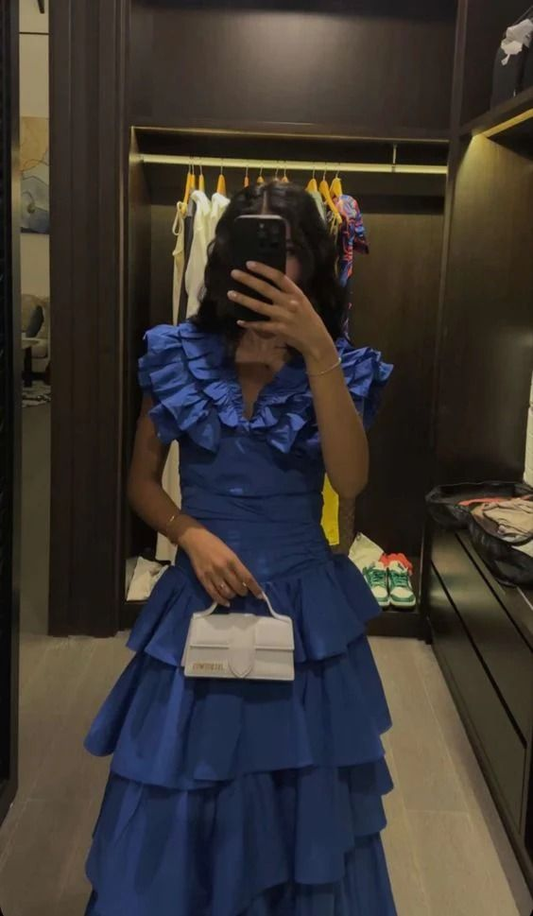 Robe de soirée longue bleu roi coupe trapèze, col en V, à volants, robe d'invitée de mariage MD7511