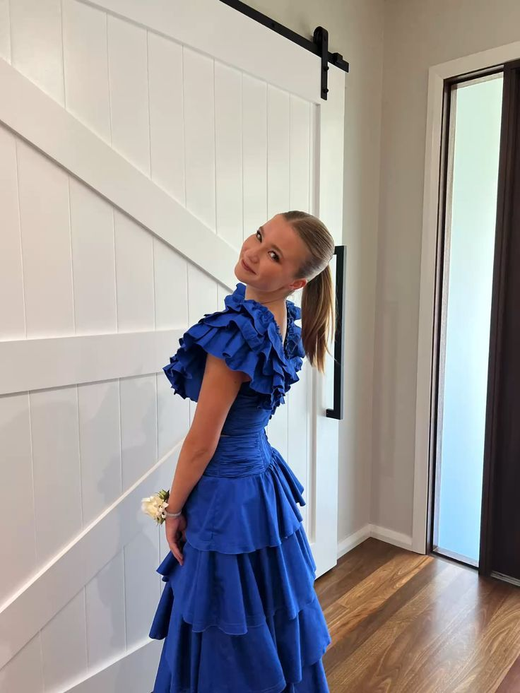 Royal Blue A-Line V Neck Tiered Long Party Dress Wedding Guest Dress MD7511