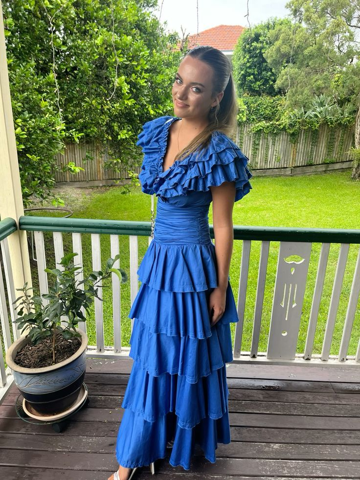 Royal Blue A-Line V Neck Tiered Long Party Dress Wedding Guest Dress MD7511