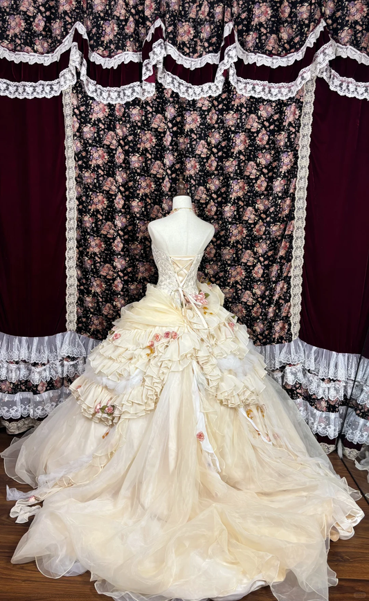 Retro 3D Blumen Trägerlos A-Linie Tüll Quinceanera Kleider Sweet 18 Geburtstag Ballkleider, D1430