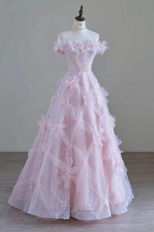 Robe de soirée longue rose brillante à épaules dénudées et motif floral, coupe trapèze, MD7454