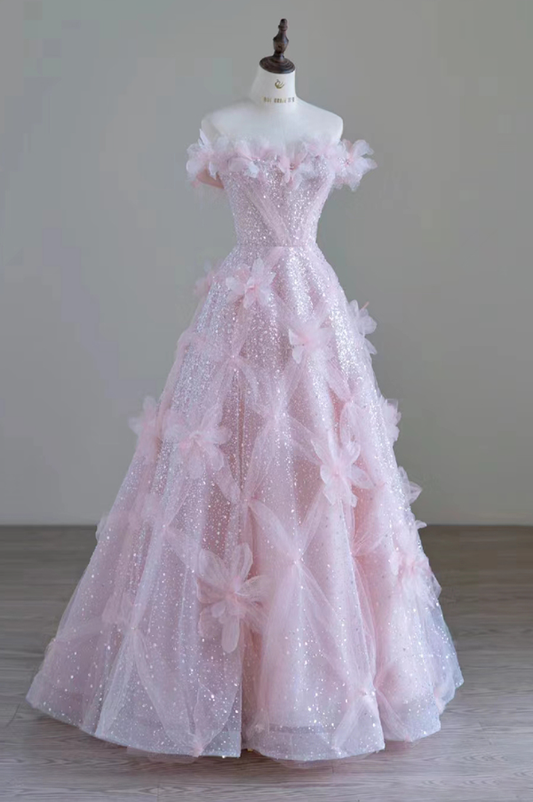 Robe de soirée longue rose brillante à épaules dénudées et motif floral, coupe trapèze, MD7454